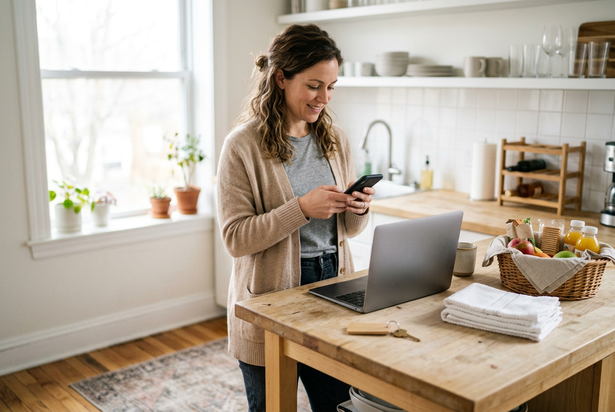 An owner answering a guest on her phone at the kitchen island of her rental, laptop open beside her